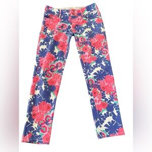 Lilly Pulitzer Pink Purple Floral Worth Shiny Mini Cropped Denim Jeans Size 0